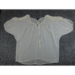 American Dream Blouse Womens Medium White Crochet Lace Tie Neck Sheer Boho